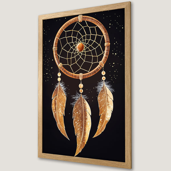 Framed Poster featuring a dreamcatcher design in warm gold tones against a black background. Perfect wall art for a bohemian vibe.