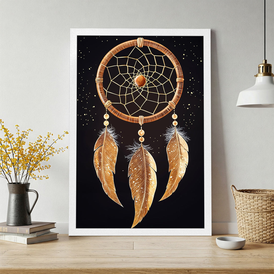 Framed Poster featuring a dreamcatcher design in a boho style with gold and black color palette. Perfect wall art for your home!