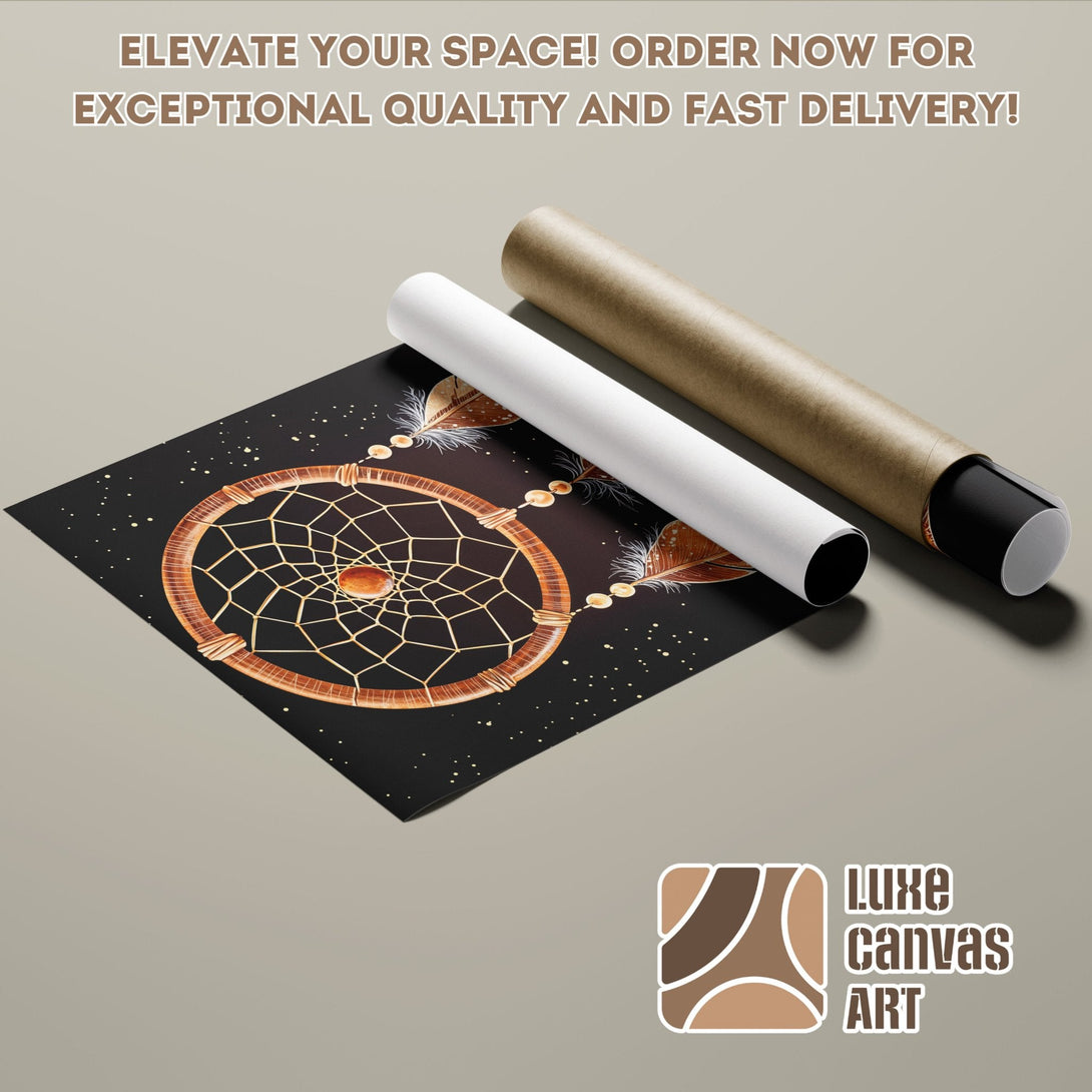 Dreamcatcher Poster Roll art print with black, brown, and gold color palette. Elevate your space with this stylish wall art!