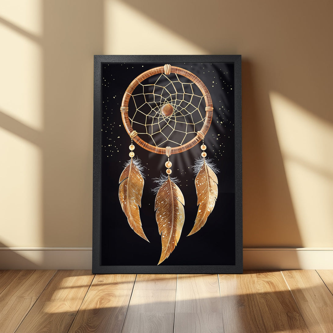 Framed Poster featuring a dreamcatcher design in warm gold tones against a black background. Boho style art for your home!