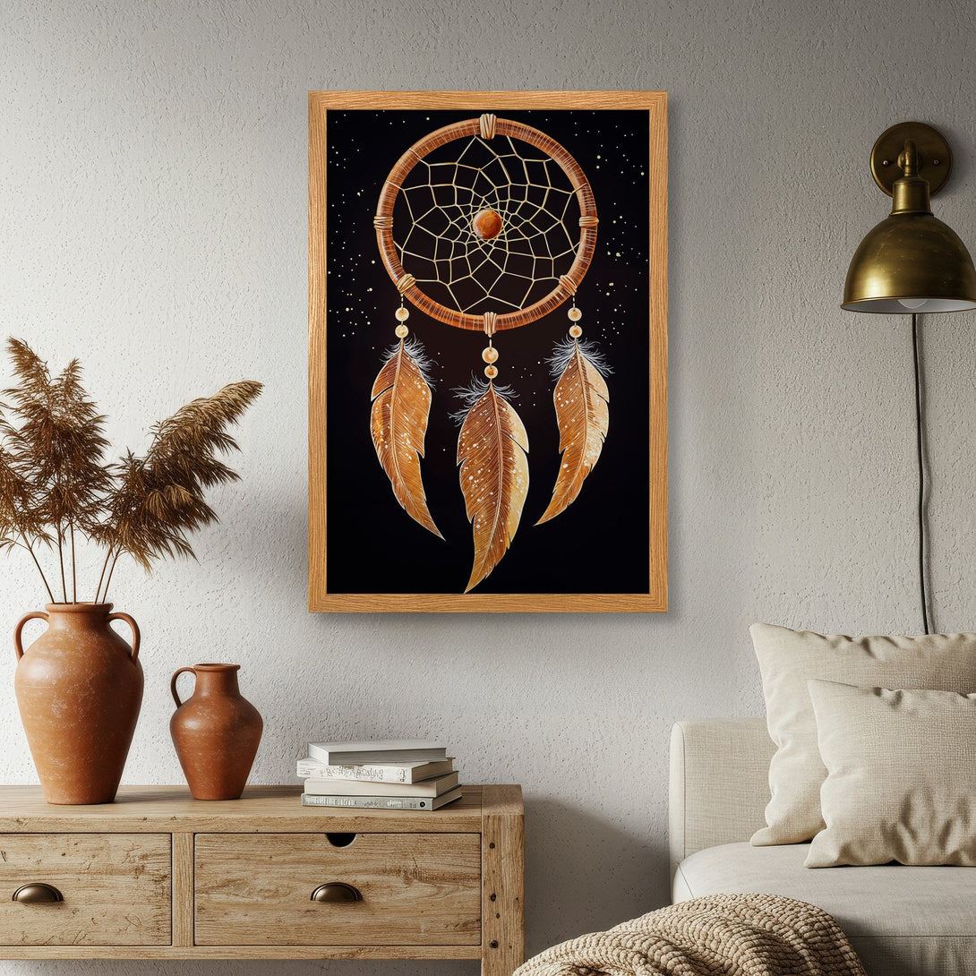 Framed Poster featuring a dreamcatcher in warm earth tones. Boho style art print perfect for your home decor.