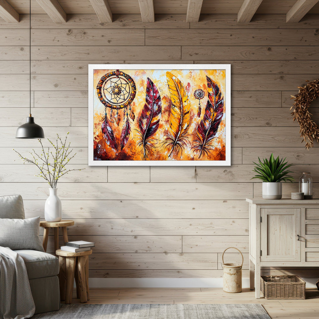 Framed Poster featuring a dreamcatcher and feathers in warm, earthy tones. Perfect wall art for boho decor!