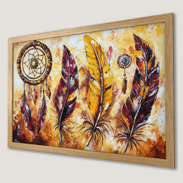 Framed Poster featuring dreamcatcher & feathers art in warm yellow, orange, and brown tones. Bohemian style wall decor.