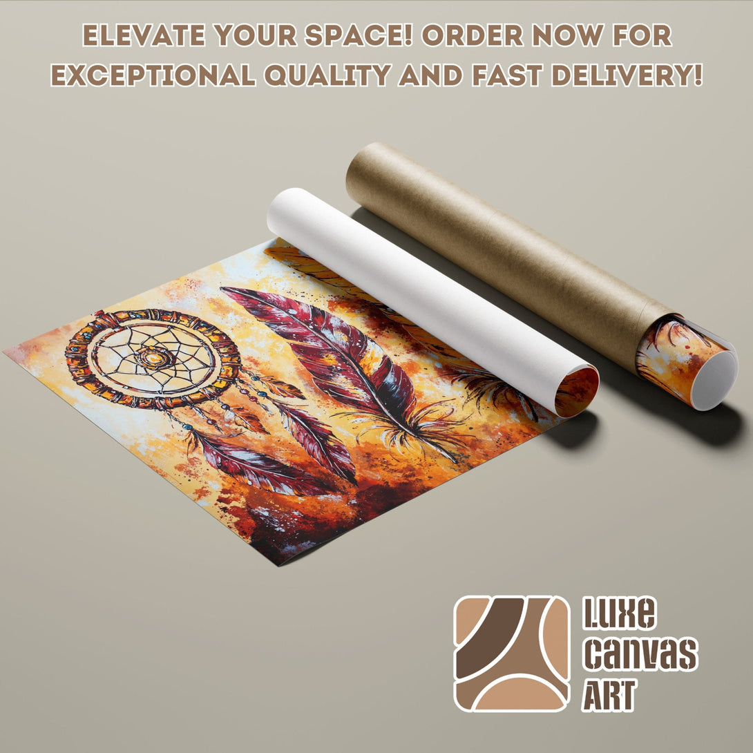 Dreamcatcher Poster Roll art, warm orange & brown tones, perfect wall decor. Elevate your space!