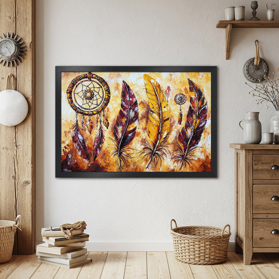 Framed Poster featuring a dreamcatcher and feathers, artistic style with warm yellow, orange, and red tones. Perfect boho wall art.