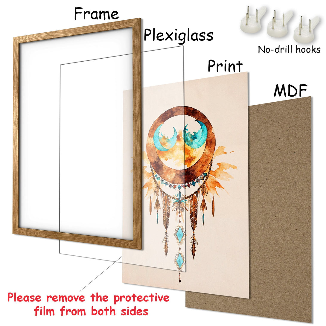 Framed Poster featuring a dreamcatcher design in watercolor style with a warm, earthy color palette. Perfect wall art!