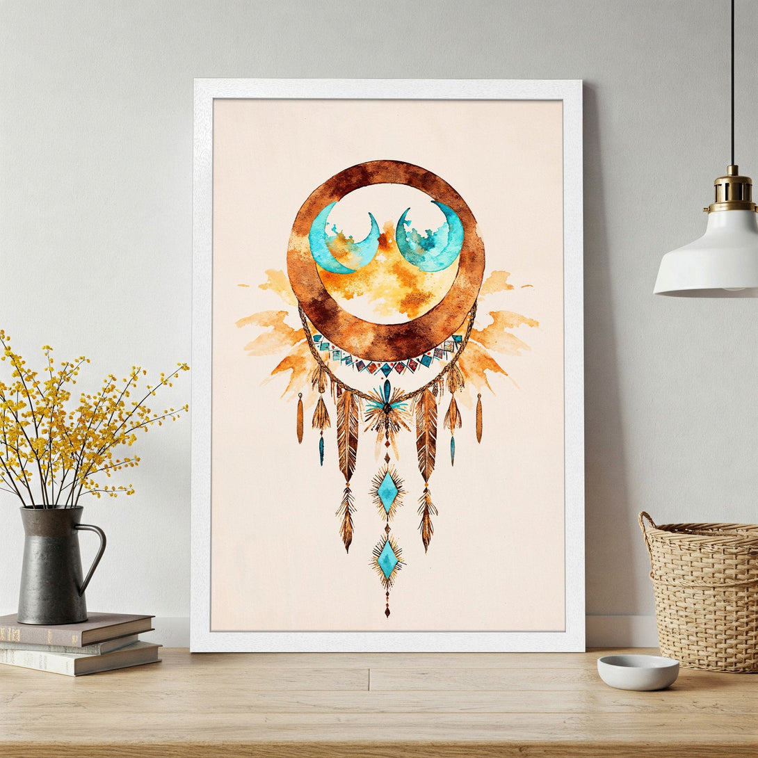 Framed Poster featuring a watercolor dreamcatcher design in earthy tones with turquoise accents. Boho style art print for your home.