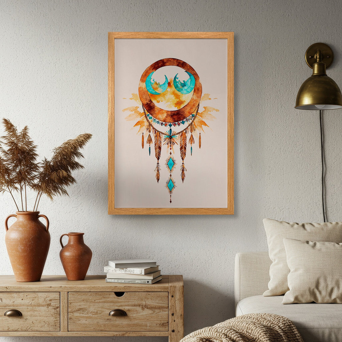 Framed Poster featuring a watercolor dreamcatcher design in earthy tones with teal accents. Perfect boho wall art for your home.