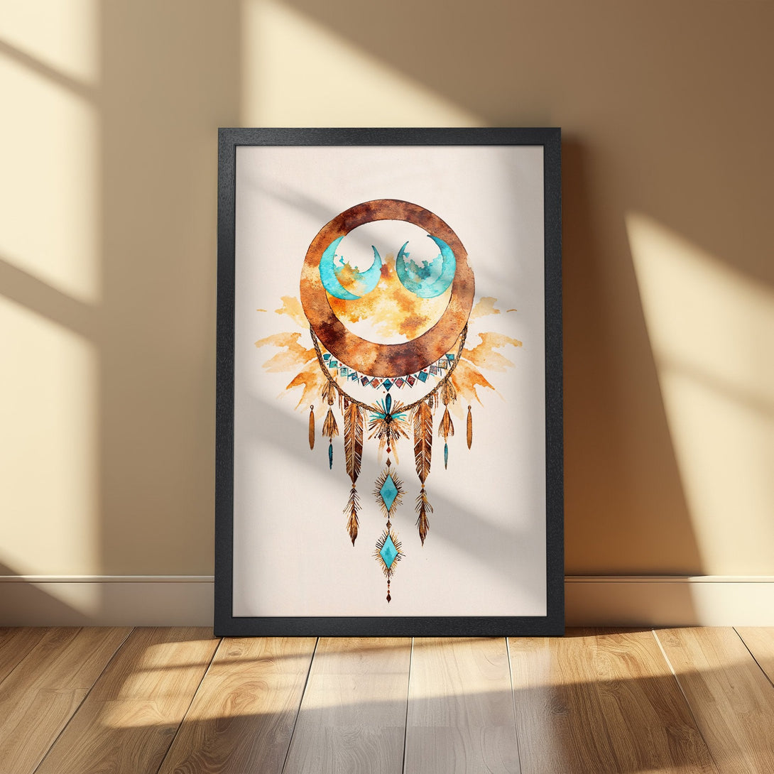 Framed Poster featuring a watercolor dreamcatcher design in earthy tones with turquoise accents. Perfect boho wall art.