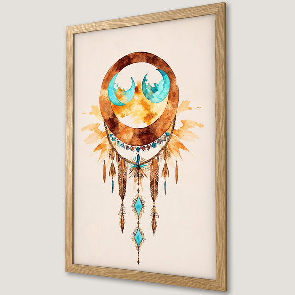 Framed Poster featuring a watercolor dreamcatcher, warm earth tones with turquoise accents, bohemian style art.
