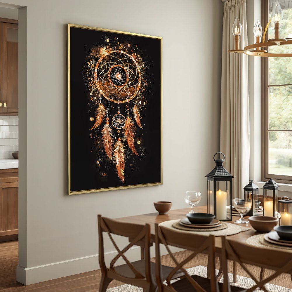 Dreamcatcher Canvas Print in gold and brown tones, perfect for boho decor. Add a touch of elegance to your home!