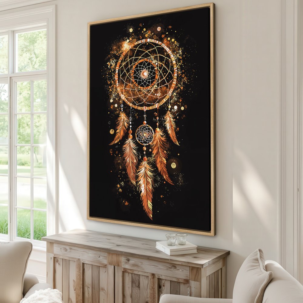 Framed Wall Art: Dreamcatcher canvas print in gold and copper hues, perfect for boho decor. Add a touch of elegance to your space!