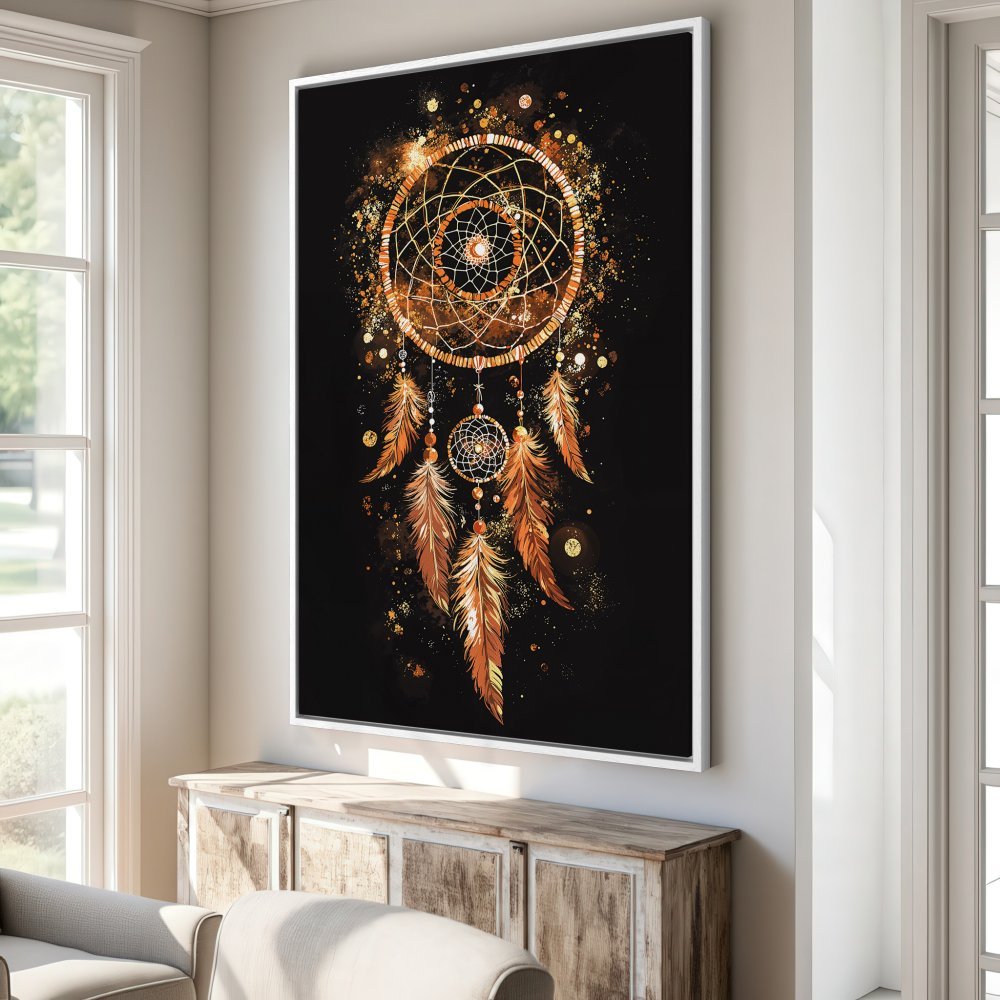 Framed Wall Art: Dreamcatcher print in gold and copper tones on a black background. Modern, bohemian style perfect for living room decor.