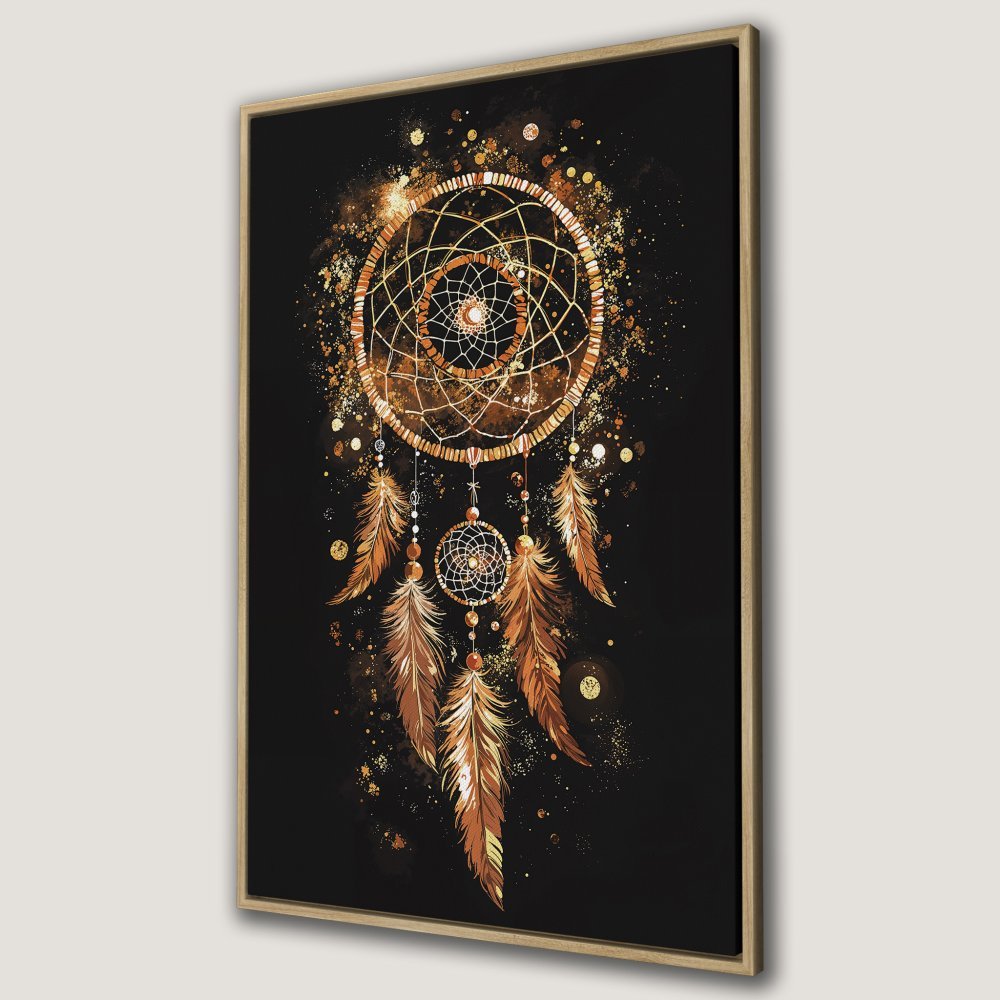 Framed Wall Art: Dreamcatcher canvas print with gold and copper accents on a black background. Boho style, perfect for adding a touch of elegance.