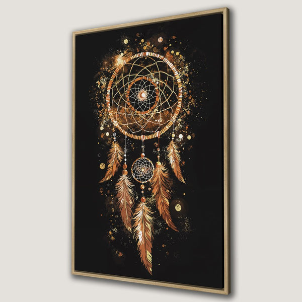Framed Wall Art: Dreamcatcher canvas print with gold and copper accents on a black background. Boho style, perfect for adding a touch of elegance.