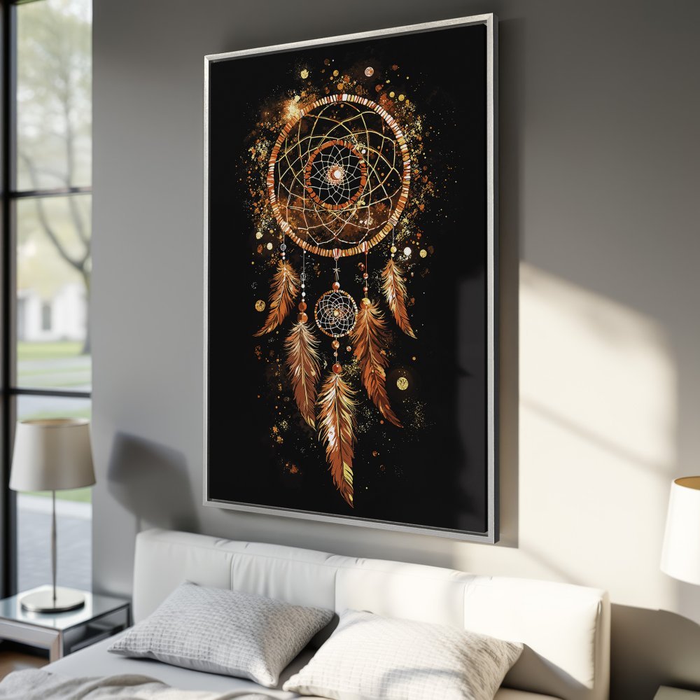 Framed Wall Art: Dreamcatcher Canvas Print in gold and copper tones on a black background. Perfect boho decor for your bedroom or living room!