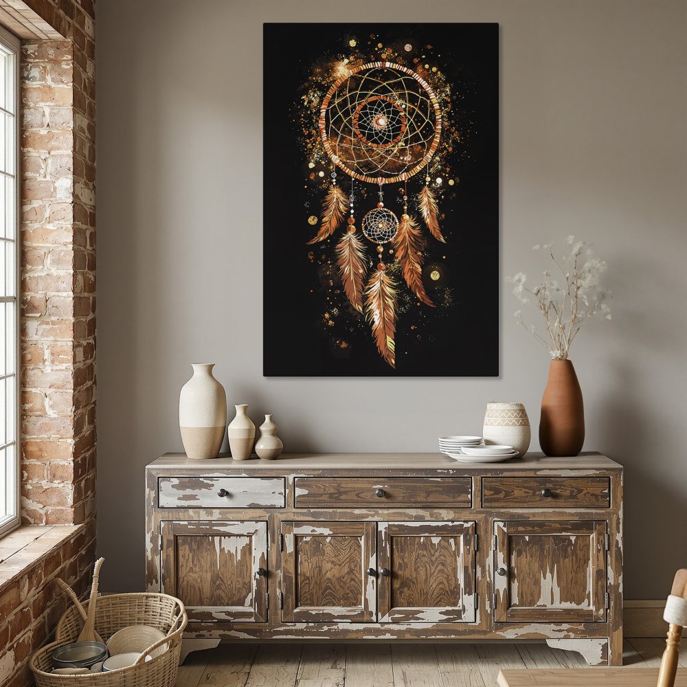 Framed Wall Art: Dreamcatcher on Black Canvas. Gold and copper tones pop against a dark background. Perfect for bohemian home decor.