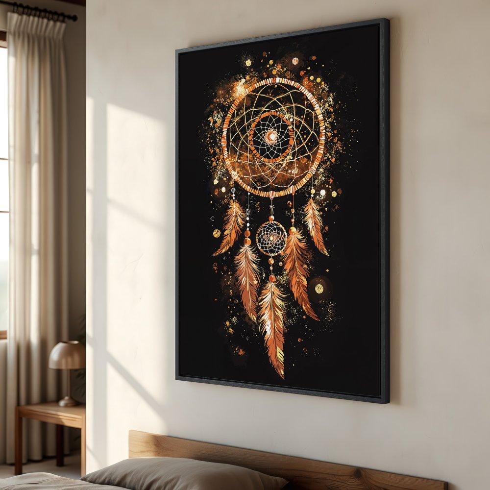 Framed Wall Art: Dreamcatcher print in warm orange and gold tones, perfect boho decor for your bedroom. Add a touch of magic!
