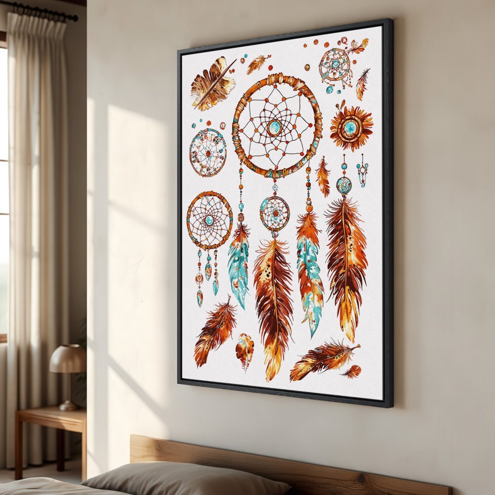 Framed Wall Art: Watercolor dreamcatcher print in warm orange, teal, and brown tones. Boho style canvas art for bedroom decor.
