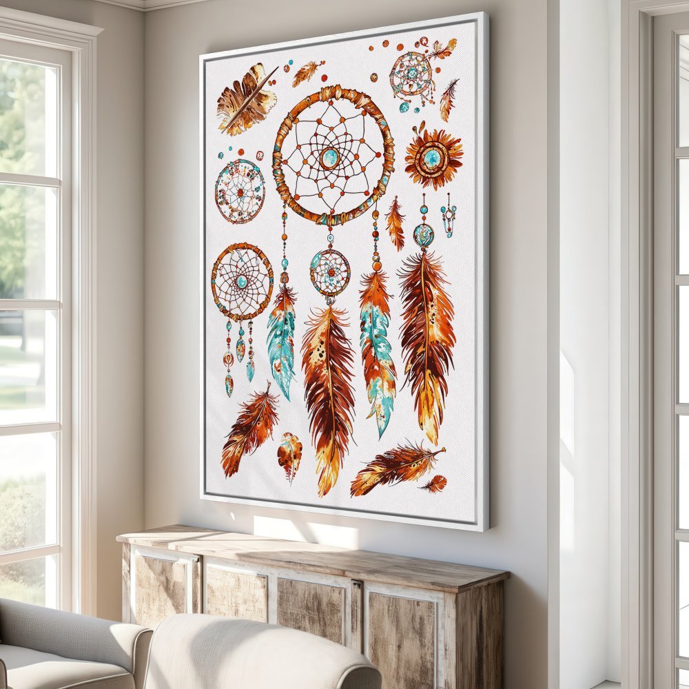 Canvas Print featuring a bohemian dreamcatcher design in warm orange, brown, and turquoise hues. Perfect framed wall art for a cozy interior.
