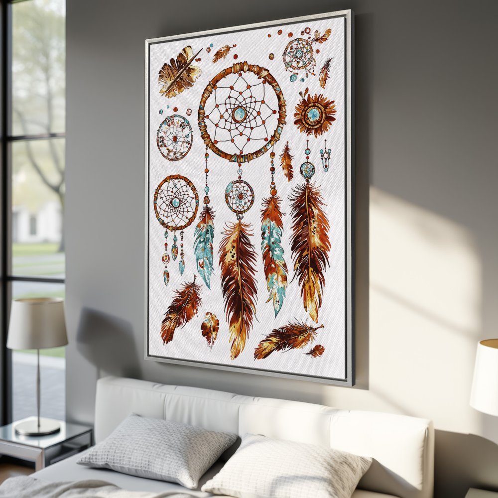Framed Wall Art: Dreamcatcher design in warm brown and teal tones. Boho style Canvas Print adds a touch of tranquility to any space.