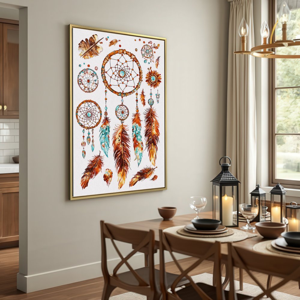 Canvas Print: Dreamcatcher art in watercolor style, featuring warm brown, turquoise, and gold hues. Perfect for boho decor!