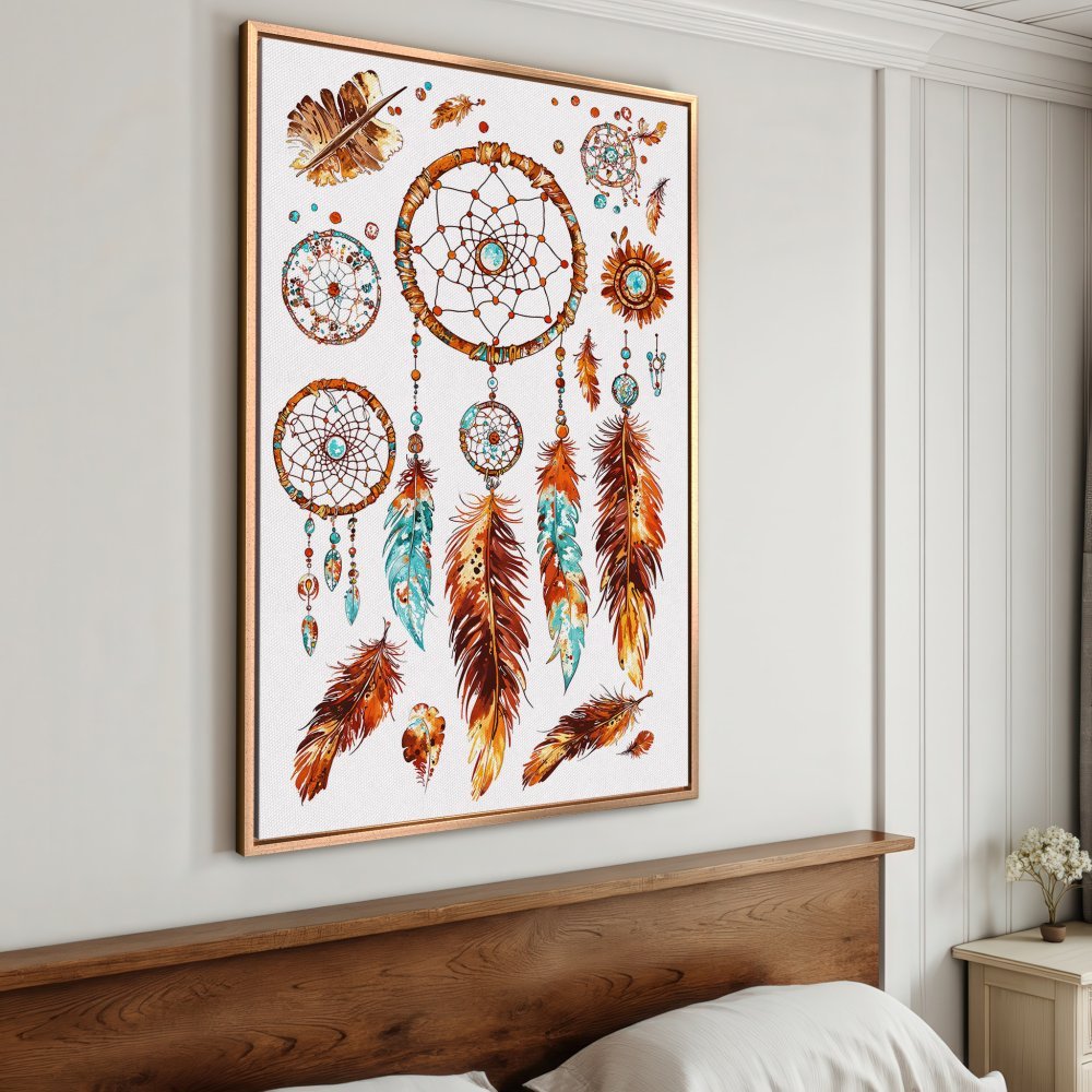 Framed Wall Art: Dreamcatcher print in warm earth tones. Boho style canvas art with teal accents. Perfect bedroom decor.