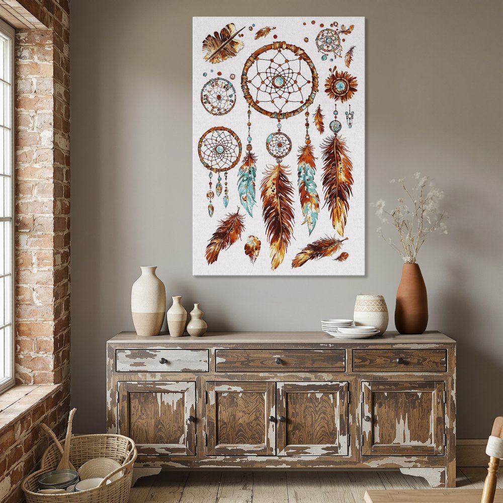 Framed Wall Art: Watercolor dreamcatcher print in warm orange, teal, and brown tones. Perfect boho decor for your dining room or living room.