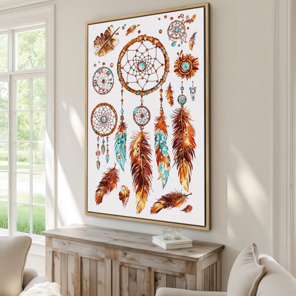 Framed Wall Art: Dreamcatcher print in watercolor style. Features warm orange, brown, and turquoise hues. Perfect boho home decor.