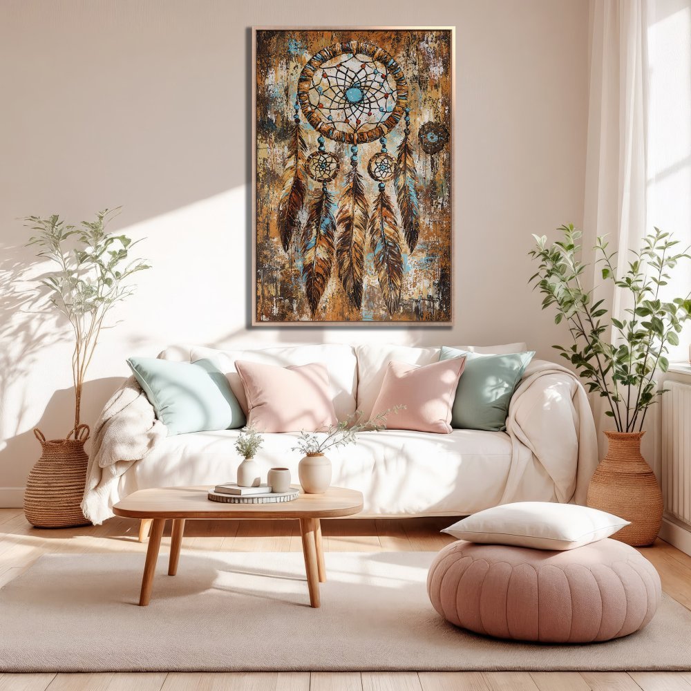 Framed Wall Art: Dreamcatcher Canvas Print in warm earth tones. Boho style art for living room decor. Add a touch of tranquility to your space.