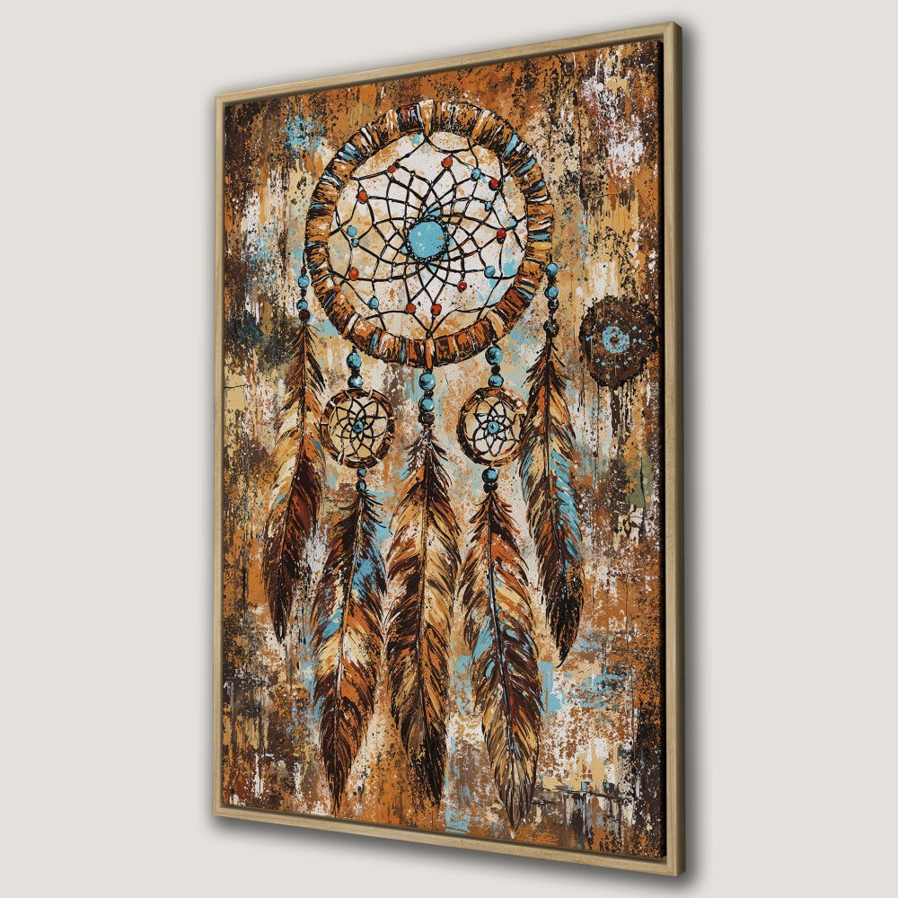 Framed Wall Art: Dreamcatcher Canvas Print in rustic style, featuring warm earth tones, turquoise accents, and a textured finish. Perfect for boho decor!