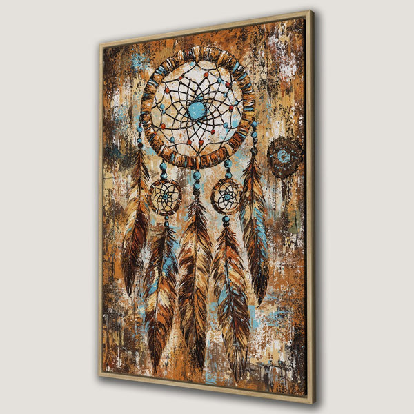 Framed Wall Art: Dreamcatcher Canvas Print in rustic style, featuring warm earth tones, turquoise accents, and a textured finish. Perfect for boho decor!