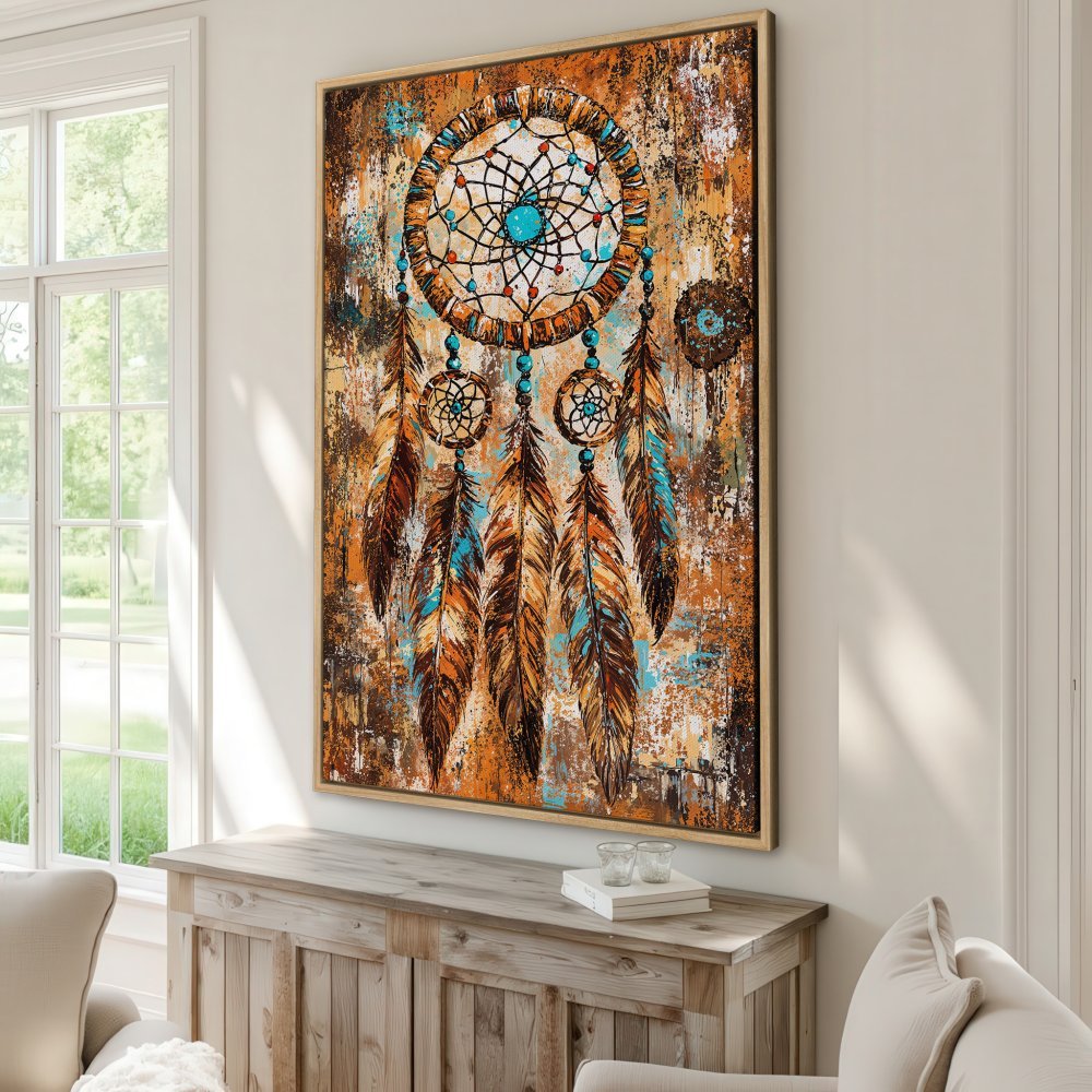 Framed Wall Art: Dreamcatcher Canvas Print in warm orange, brown, and turquoise tones. Perfect bohemian decor for your living room or bedroom.