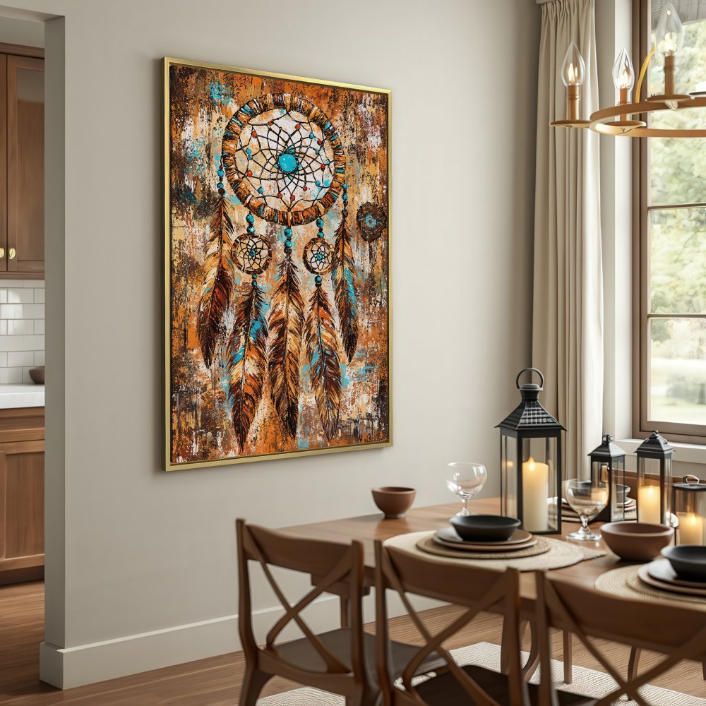 Dreamcatcher Canvas Print in rustic style, featuring warm brown, orange, and blue tones, perfect for bohemian home decor.