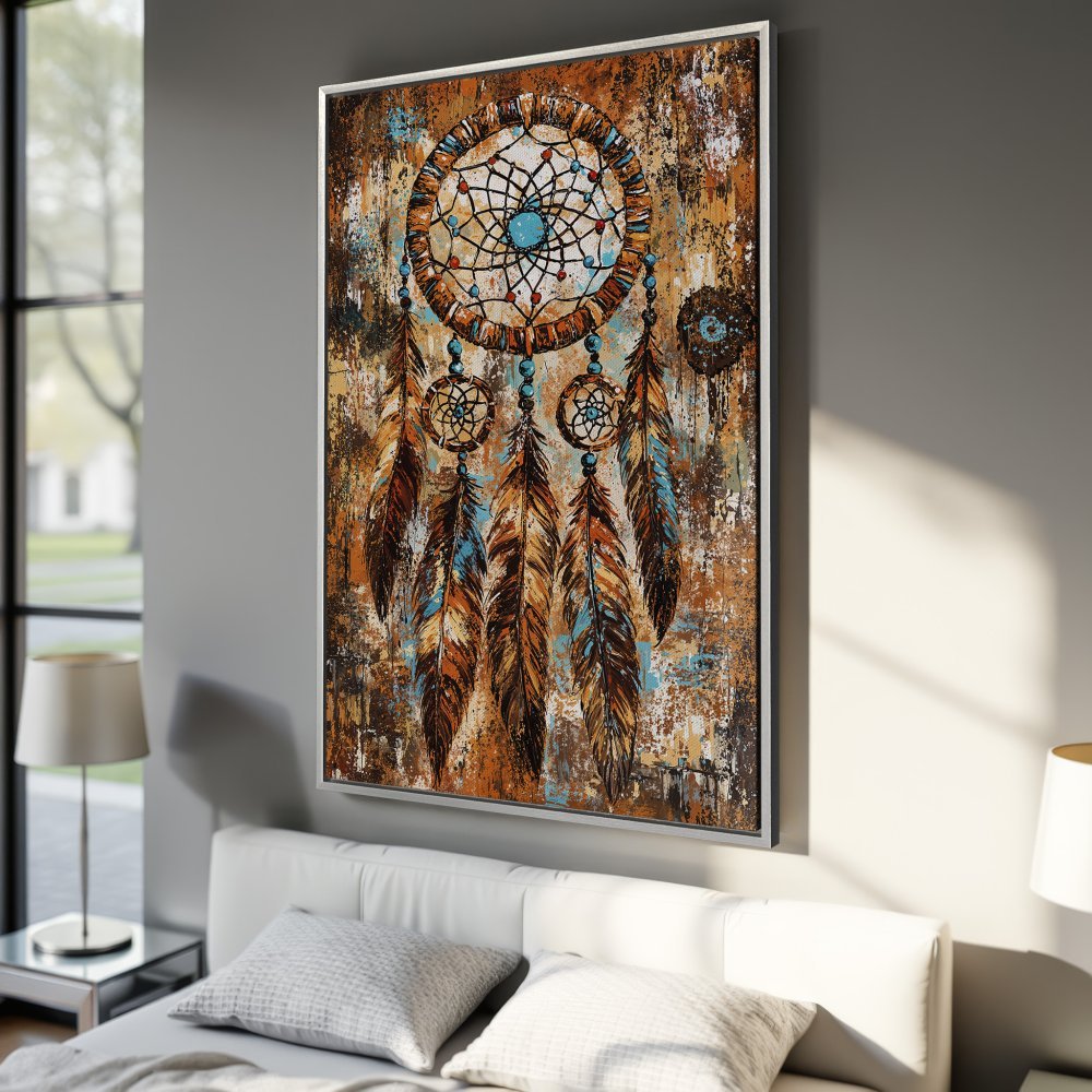 Framed Wall Art: Dreamcatcher Canvas Print in rustic style with warm brown, blue, and orange tones. Perfect for boho bedroom decor.
