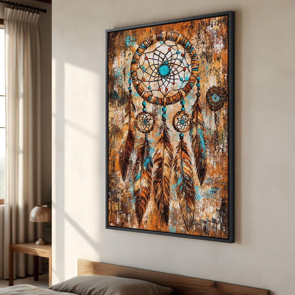 Framed Wall Art: Dreamcatcher canvas print in warm orange & turquoise tones. Boho style art for bedroom decor. Add a touch of serenity to your space!