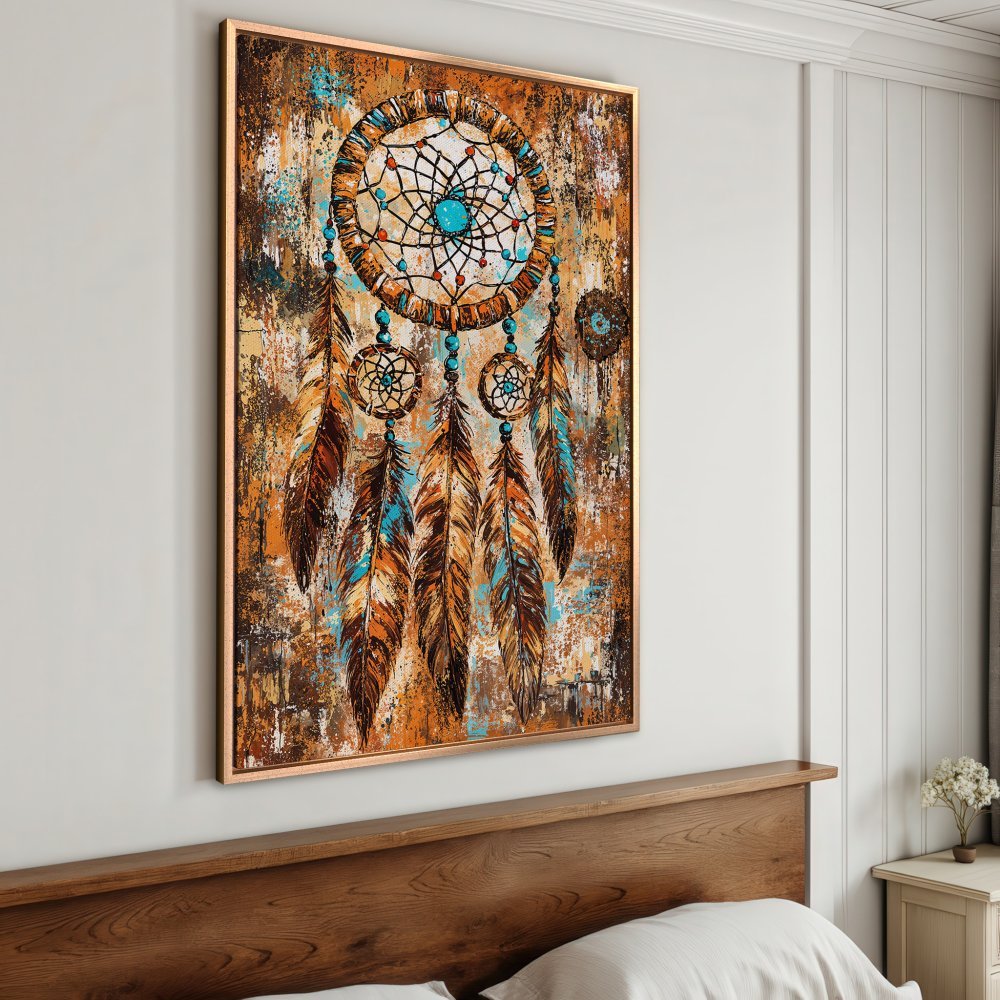 Framed Wall Art: Dreamcatcher print in warm earth tones with pops of turquoise. Boho style Canvas Print perfect for bedroom decor.