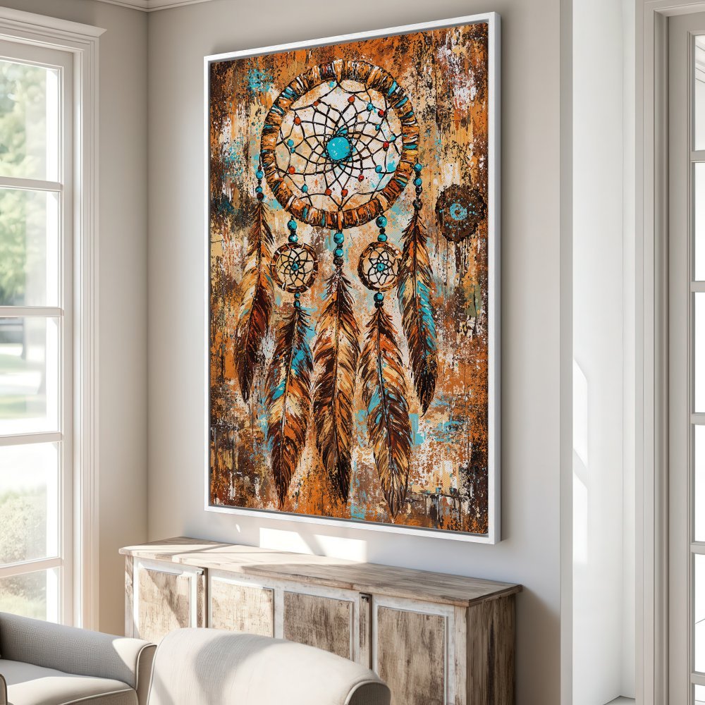 Framed Wall Art: Dreamcatcher Canvas Print in rustic style, featuring warm brown, orange, and turquoise tones. Perfect bohemian home decor.