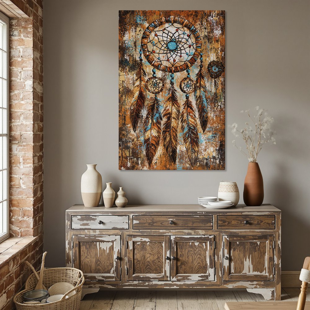 Framed Wall Art: Dreamcatcher canvas print in warm earth tones with teal accents. Boho style art perfect for dining room decor.
