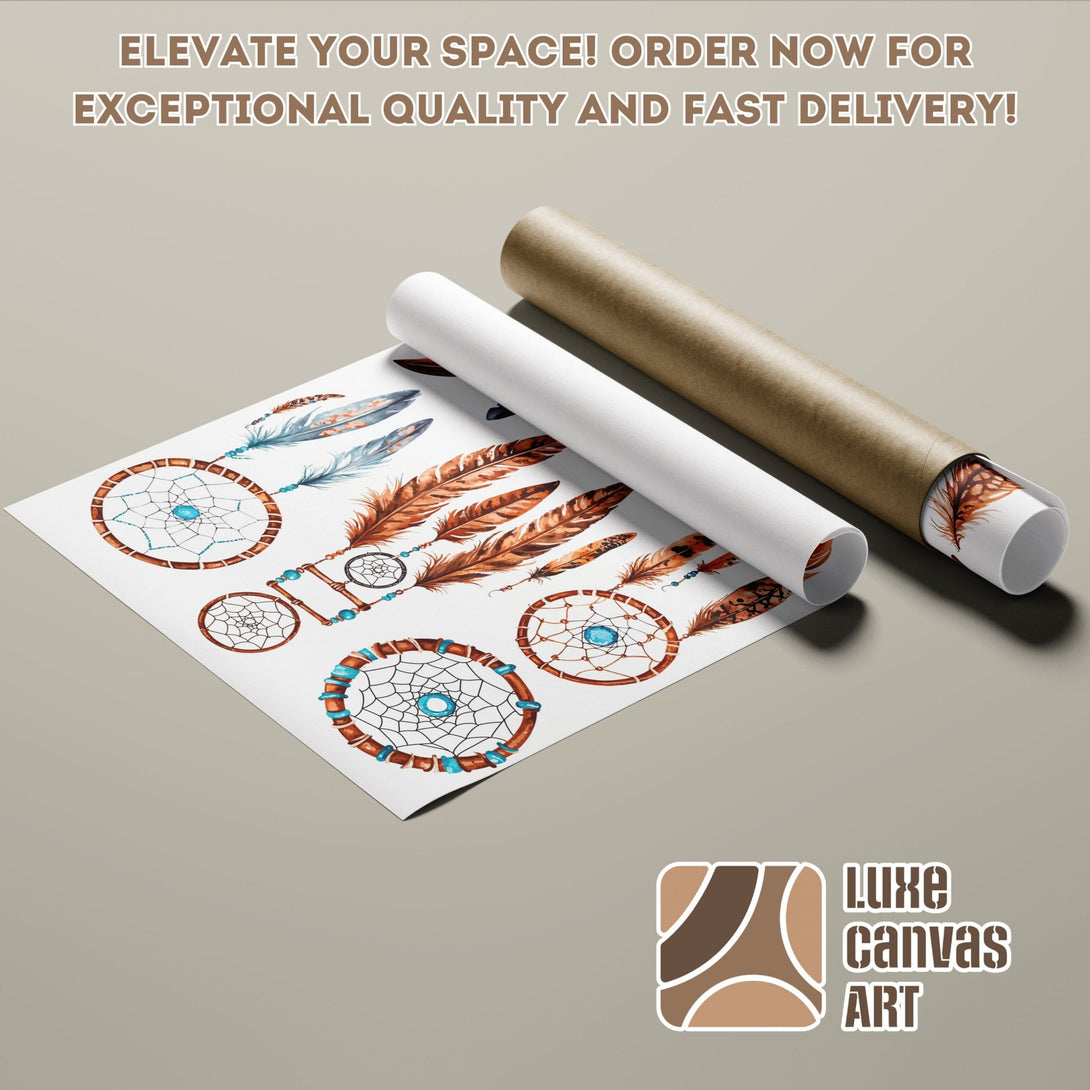 Dreamcatcher Poster Roll, watercolor style with brown, teal, and neutral tones. Elevate your space with exceptional art!