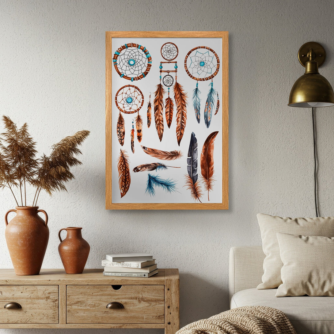 Framed Poster featuring dreamcatchers and feathers in watercolor style, with a warm brown and teal color palette. Perfect boho wall art.