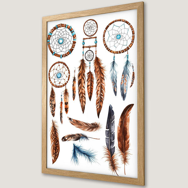 Framed Poster featuring dreamcatchers and feathers in watercolor style, earthy brown and blue color palette. Perfect boho wall art.