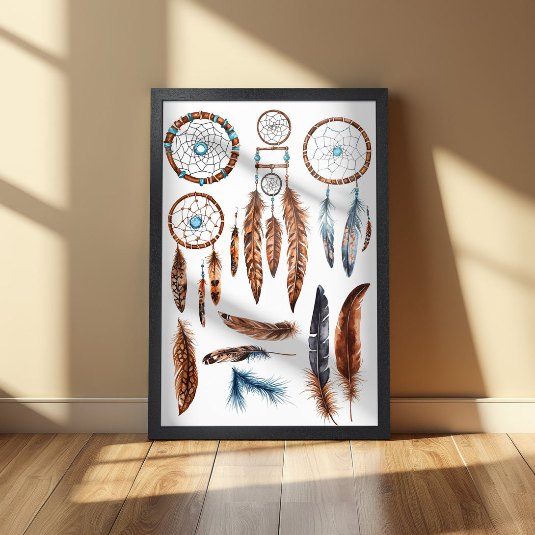 Framed Poster featuring watercolor dreamcatchers and feathers in brown, blue, and teal hues. Bohemian wall art for a stylish home.
