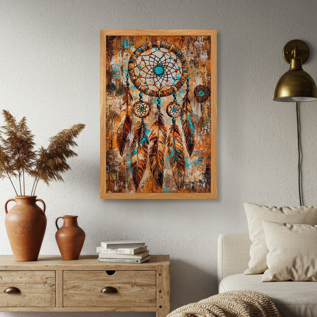 Framed Poster featuring a dreamcatcher in an abstract style with warm orange, brown, and turquoise tones. Perfect wall art decor.