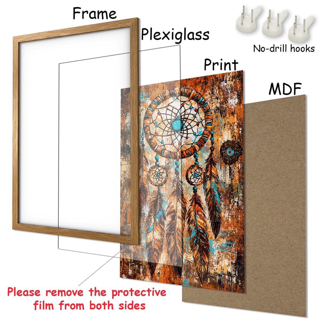 Framed Poster featuring a dreamcatcher in a rustic style with warm orange, blue, and brown tones. Perfect wall art!