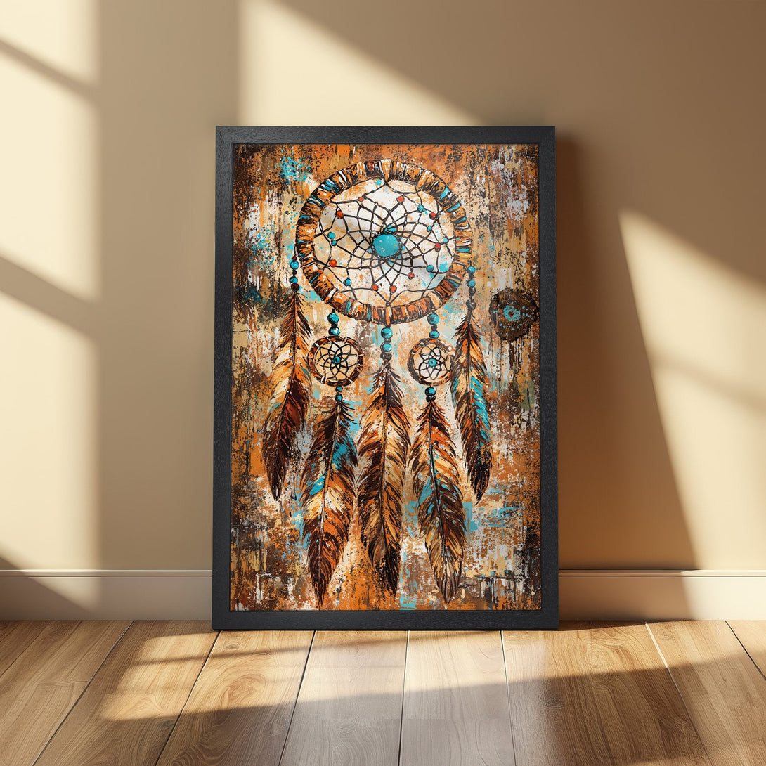 Framed Poster featuring a dreamcatcher design in a rustic style with an orange, brown, and teal color palette. Perfect wall art!
