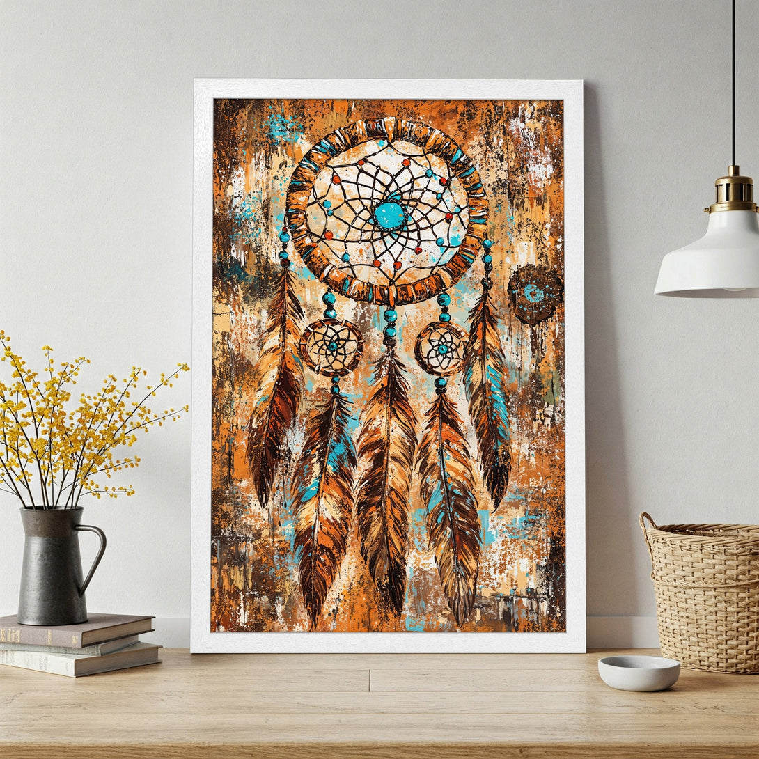 Framed Poster featuring a dreamcatcher in an abstract style with warm orange, brown, and turquoise tones. Perfect wall art for boho decor.