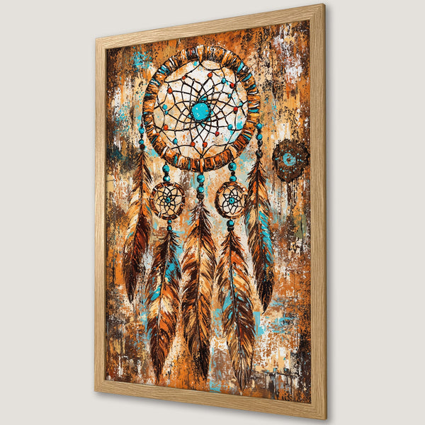 Framed Poster featuring a dreamcatcher design in rustic style, with a warm, earthy color palette of orange, brown, and turquoise.