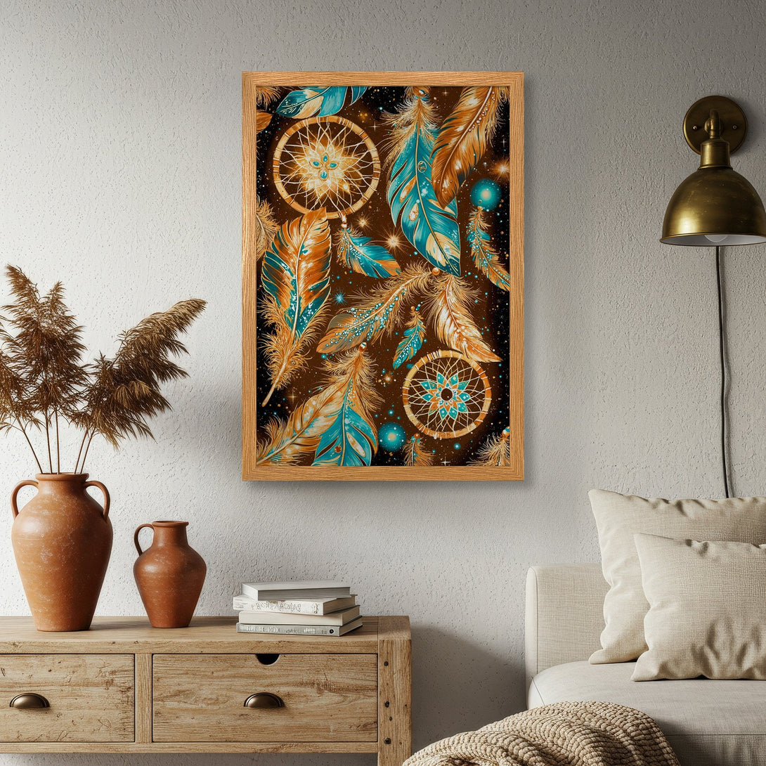 Framed Poster featuring a dreamcatcher and feathers in teal, gold, and brown tones. Bohemian style art print for home decor.