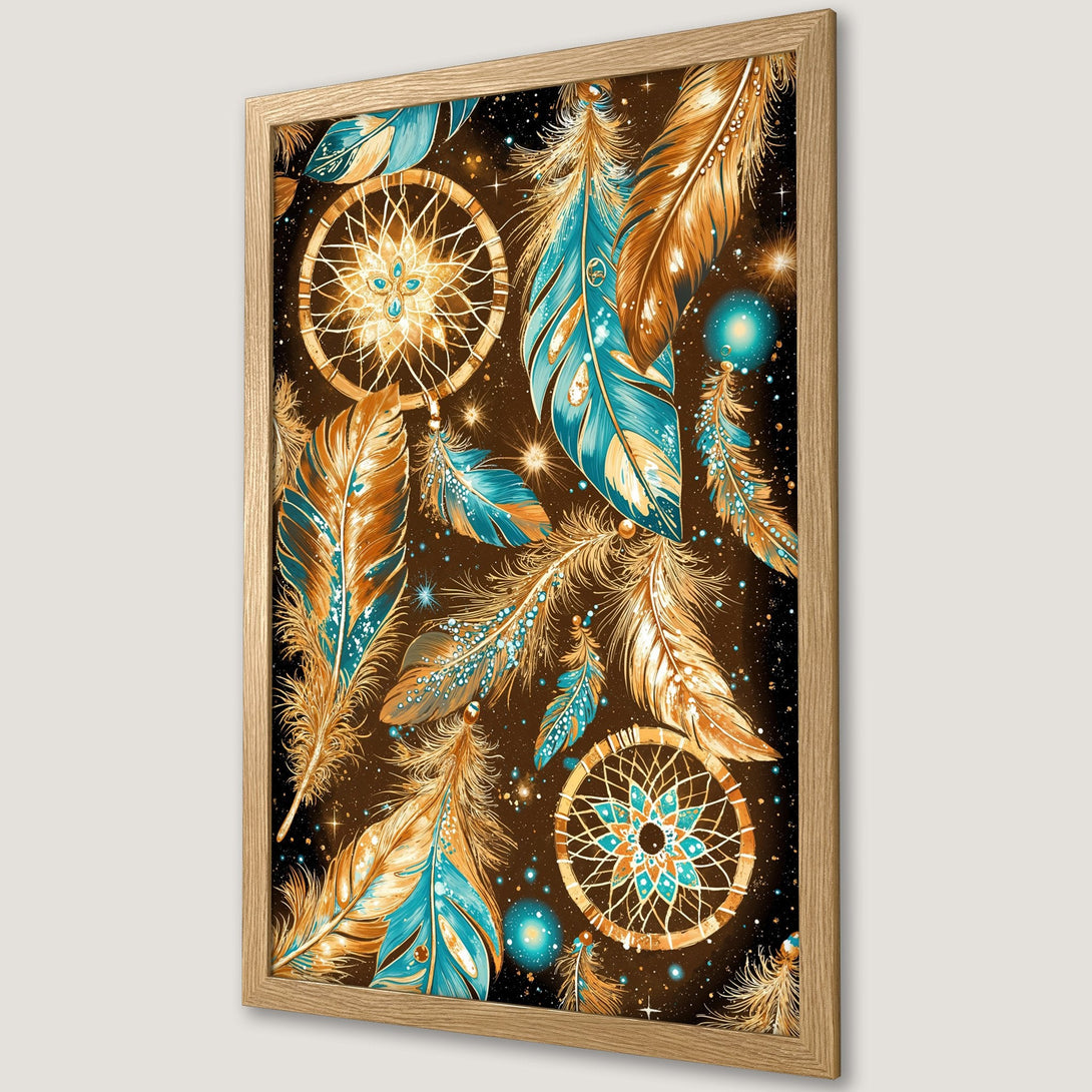 Framed Poster featuring dreamcatchers & feathers in boho style, with teal, gold, & brown color palette. Perfect wall art!